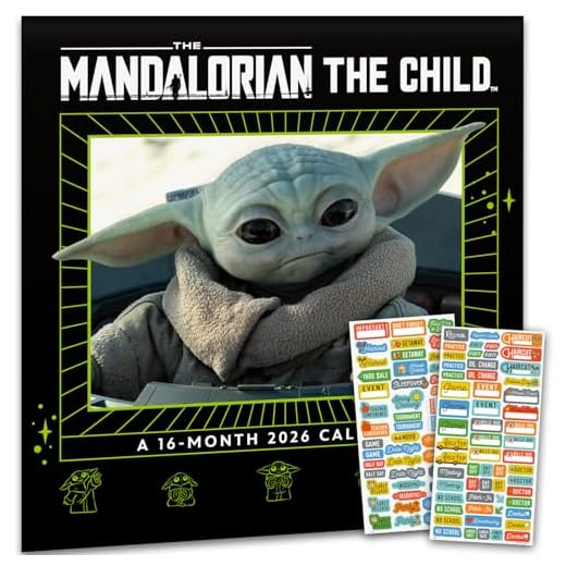 Star Wars Grogu Calendario 2025 – Paquete de calendario de pared de lujo 2025 Mandalorian Baby Yoda con más de 100 calcomanías de calendario (regalos mandalorianos The Child, suministros de oficina)
