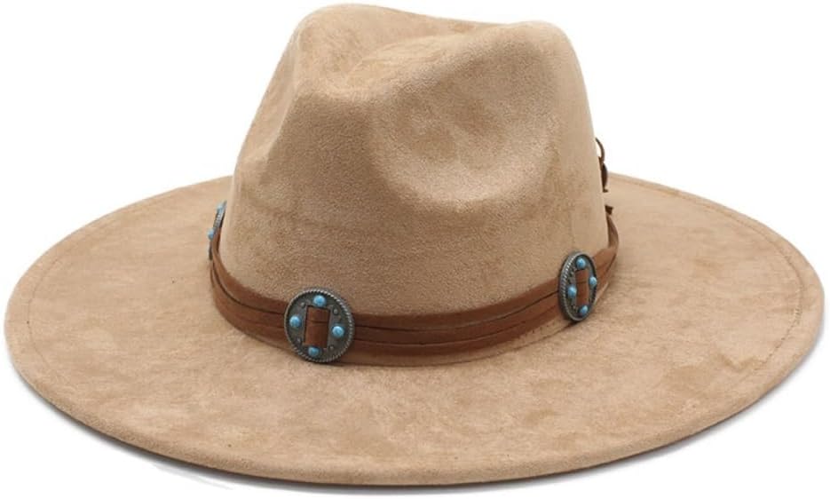 Wide Brim Fedora Hat, Brown, Wool Felt, Turquoise Stone Band Detail, Western Style