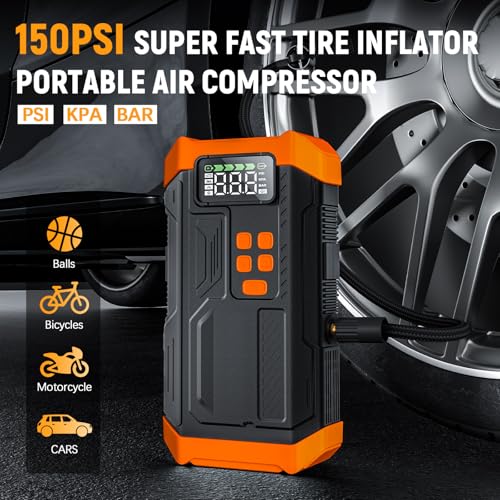 Image of 5000A Jump Starter with Air Compressor,Car Jumper Starter Portable with 150PSI Tire Inflator 12V Jump Box with LCD Display,Flashlight,Storage Case (Up 9L Gas /8L Diesel Engine(Orange