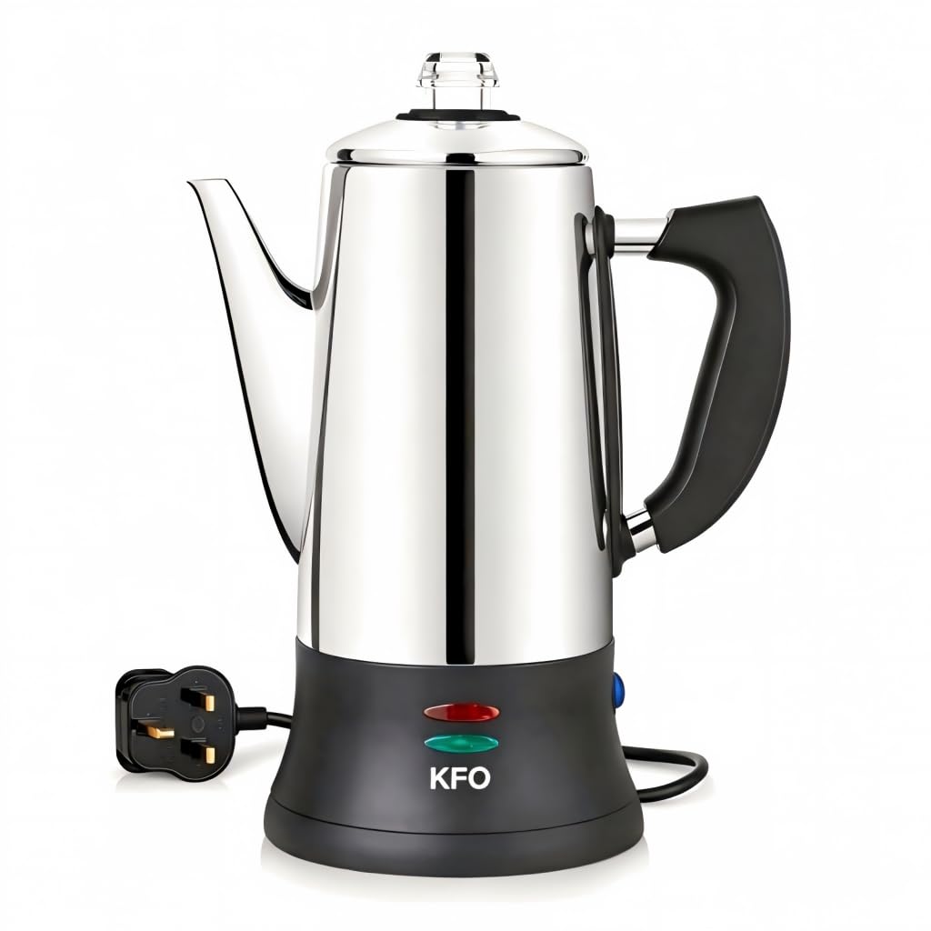 KFO 12-Cup Electric Coffee Percolator 1.8L - Stainless Steel, 360° Base, Keep Warm, Glass Lid, Anti-Drip