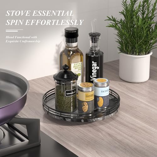 Image of Marble Lazy Susan Turntable for Table Top - 10 inch Round Ancient Wood Grain Marble Tray Organizer for Dining Table, Kitchen Countertop & Bar, Luxury Stone Serving Tray with Black Iron Frame
