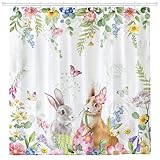Arquiel Duschvorhang Ostern Hase Waschbar 182X182 cm Polyester Badezimmervorhang Dekor Frühling Blumen für Bad Dusche Badezimmer Mit 12 Ösen & Ringen