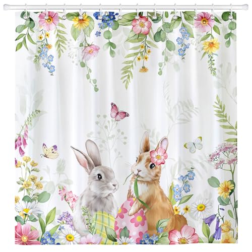 Arquiel Cortina de Ducha Huevo De Conejo De Pascua Primavera 182x182cm, Cortina de Ducha Impermeable de Poliéster con 12 x Ganchos, Lavable a máquina, para Baño Decoración del Hogar