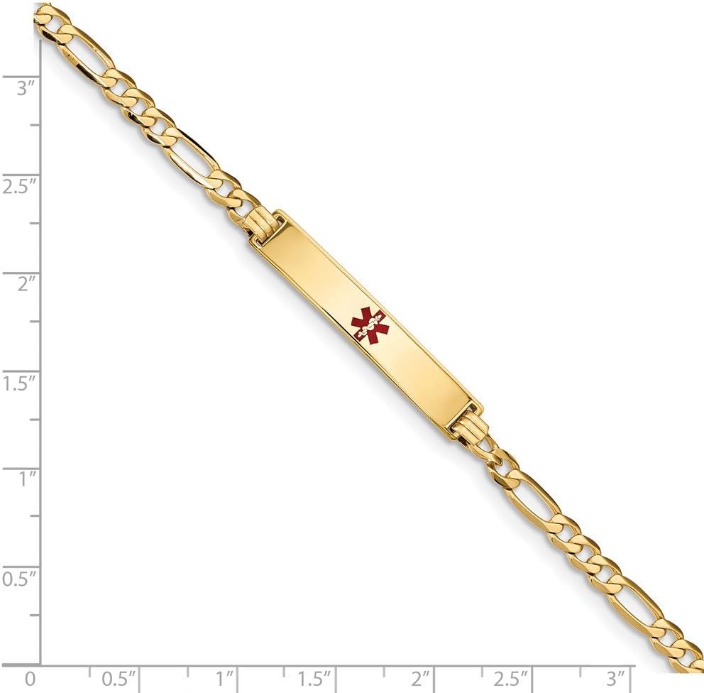 Real 14kt Medical Red Enamel Flat Figaro Link ID Chain Bracelet; 7 inch; Lobster Clasp