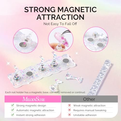Image of MelodySusie Nail Stand for Press Ons, White Shiny Acrylic Magnetic Base for Painting Display with Brush Holder and 100 Pcs Reusable Double-Sided Tape for Home DIY Salon Supplies