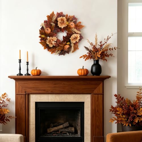 Image of DN DECONATION Fall Wreath for Front Door, Artificial Flowers for Outdoors | 22in, Brown Autumn Wreath, Artificial Fall Flowers, Maple Leaf Pumpkin Peony, Thanksgiving Harvest Farmhouse Home Decoration