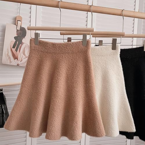 Women Fall Winter Elastic High Waist Imitated Skirt Solid Color Furry Pleated Flared A-Line Short Skirts4