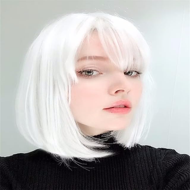 White Bob Wig with Bangs Heat Resistant Synthetic Straight Wigs 12Inch Bob Wigs for Women and Ladies Cosplay Party Halloween Use (White)