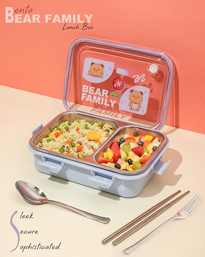Image of Brand Conquer Lunch Box Leak-Proof BPA Free Stainless Steel for School, Lunch Box for School & Office with a Fork, a Spoon and a Pair of Chopsticks (Purple, Bear Family 2 Compartment)