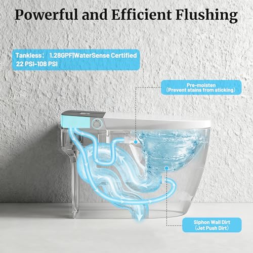Image of Smart Toilet with Heated Seat & Dual Auto Flush, Foot Sensor, Tankless One-Piece Electric Toilet with Manual Soft-Close Seat & Lid, Night Light, LED Display & 1000g Powerful Flush, 0.8 /1.28GPF