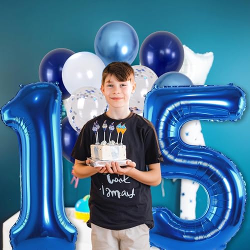 Image of 15th Birthday Balloon for Boys, Foil 40 Inch Self Inflating Number 15 Metallic Dark Blue, Navy Blue Mylar Large Balloon with Silver Confetti Latex for Men Birthday Party Decorations