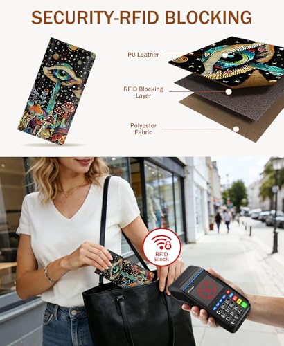 Image of Immaturus Womens Wallet, Mushroom Eye Slim Thin RFID Blocking Credit Card Wallets, Long Bifold PU Leather Card Holder Organizer, Black Cash Clutch Billfold with Zipper Coin Pocket Ladies Girls Gift
