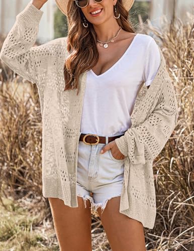 Image of HOTOUCH Lightweight Crochet Cardigan for Women Long Sleeve Open Front Knit Oversized Cardigans Sweaters