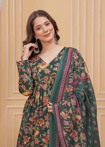 Image of MEERA FAB Women's Cotton Blend V-Neck Anarkali Printed Kurta with Palazzo & Dupatta