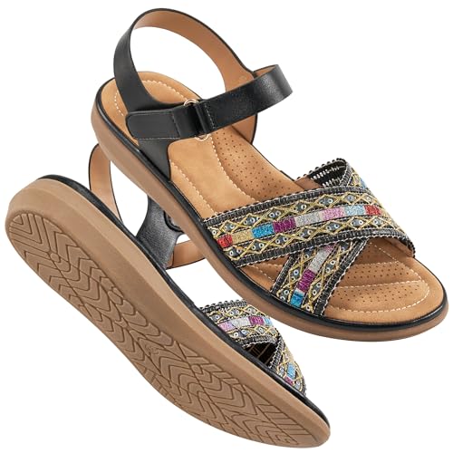 Almusen Flat Sandals for Women Dressy: Comfortable Summer Beach Shoes Casual Ankle Strap Bohemian Woven Walking Sandal for Hiking Travel Wedding