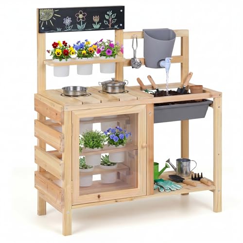 COSTWAY Matschküche Kinder, Outdoor Spielküche mit Herd, Spüle, Wassertank, Pflanztöpfen und Kreidetafel, Holz Gartenspielzeug, Kinderküche für Jungen und Mädchen ab 3 Jahren