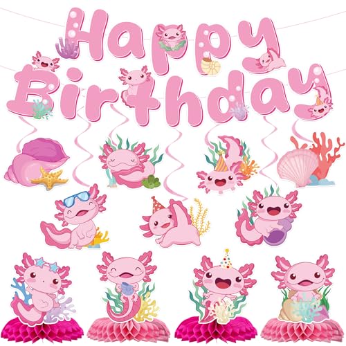 JoyAura Axolotl Birthday Party Decorations - 12 PCs Pink Banner Garland Hanging Swirls Streamer Table Honeycomb Centerpieces Decor Set Cute Cartoon Reptile Animals Supplies Favors for Kids Girls