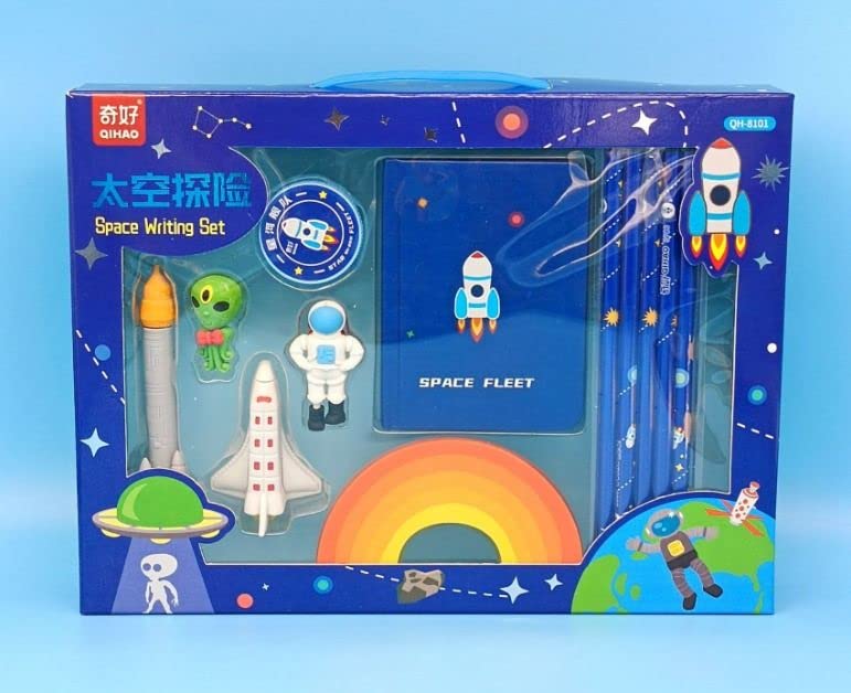 Image of Crackles Space Theme Design Stationery Writing Set for Kids (5 Pencils, 5 Different Shapes Erasers, 1 Notebook, 1 Sharpener)