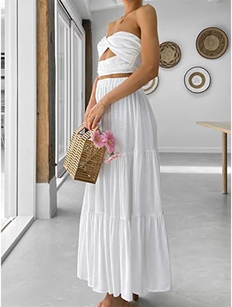 Summer Boho Skirts for Women High Waist Tiered Maxi Skirt Long Flowy Beach Skirt with Pocket White L - Image 2