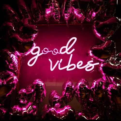 Image of Large Pink Neon Good Vibes Signs LED Dimmable USB Powered Cood Vibes Banner Decorative Night Lights Neon Lamps for Bedroom Living Room Apartment Bar Wedding Party Wall Background Decor Art, 16.5x8IN