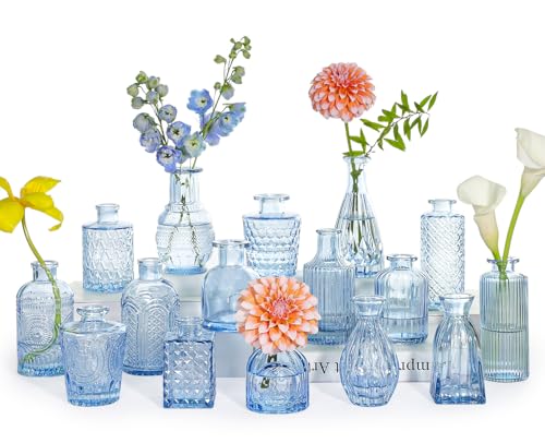 SUPMIND 16P Blue Glass Bud Vases Small Flower Vases for Table Centerpieces