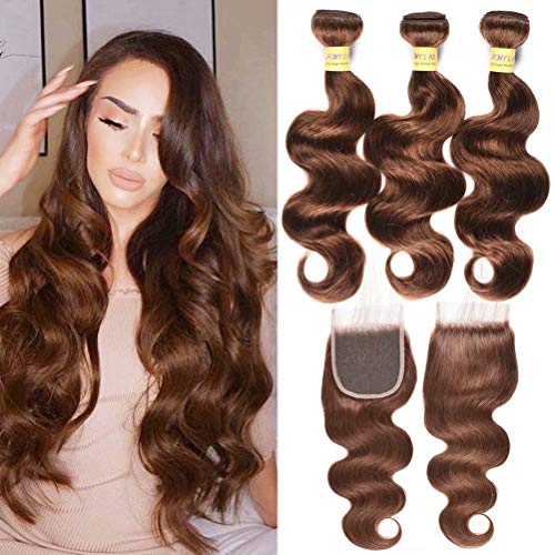 MY LIKE Brazilian Hair Bundles With Closure, Human Hair Body Wave 3 pcs With Lace Closure Light Brown Color 4 Back to School New Look(16 18 20+16Closure)