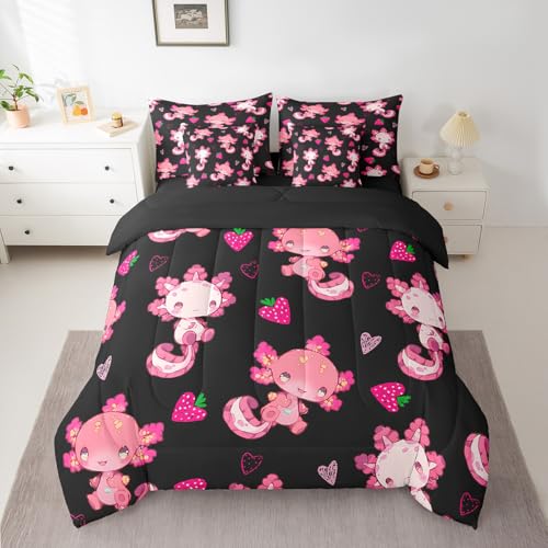 Image of Feelyou Kids Cute Axolotl Bed in A Bag Twin Size, Strawberry 7 Pieces Bedding Set Boys Girls Kawaii Ocean Sealife Comforter Set with Sheets Cartoon Fruit Teens Bed Set 7Pcs