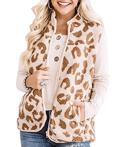 RINTONIX Womens Sleeveless Zip Up Fuzzy Leopard Sherpa Vest