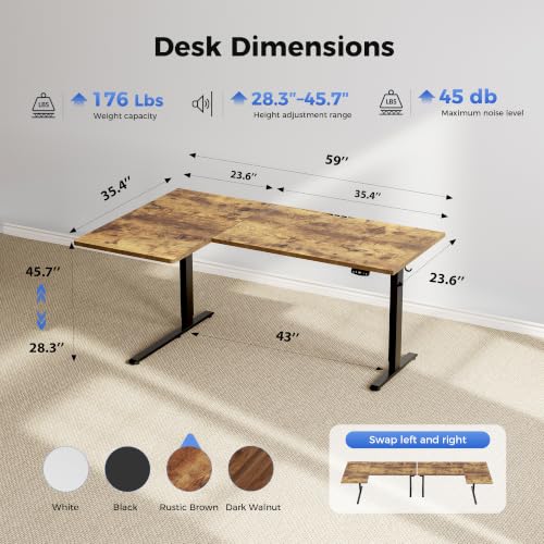Image of Agilestic 59 Inch Reversible L Shaped Standing Desk, Electric Height Adjustable Desk with Memory Preset, Sit Stand Up Computer Workstation for Home Office, Splice Board, Rustic Brown
