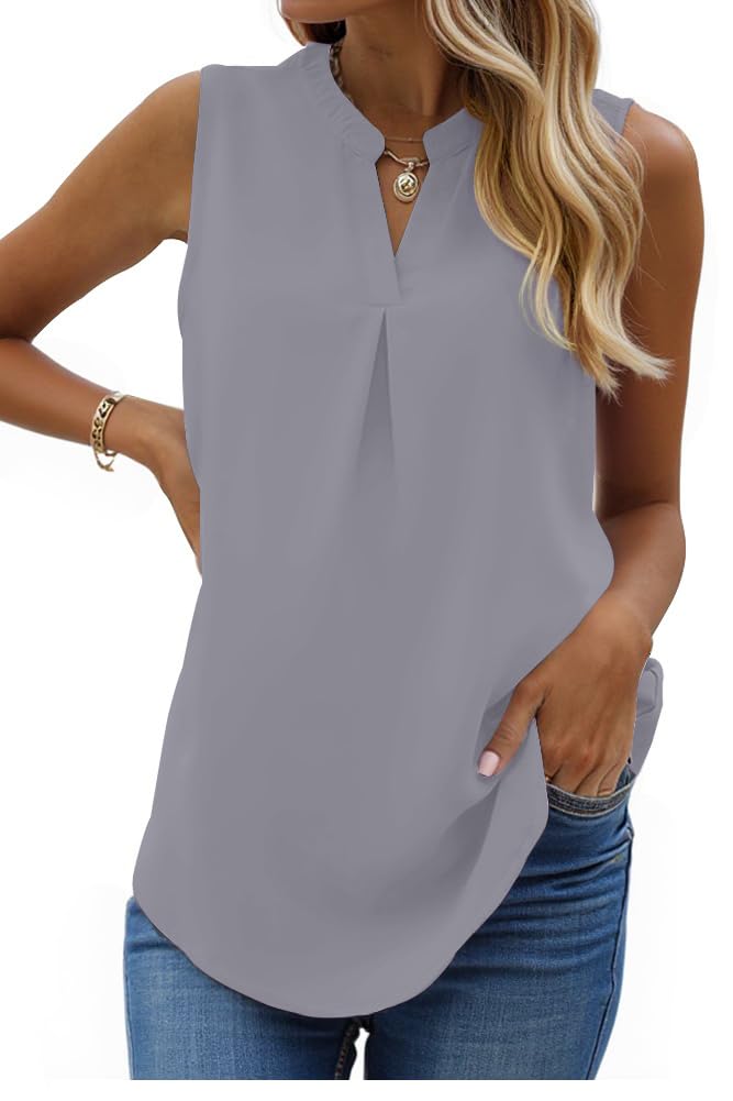 isermeo Womens Tank Tops Pleated V Neck Sleeveless Summer Shirts Loose Casual Tank Tops Blouse S-XXL
