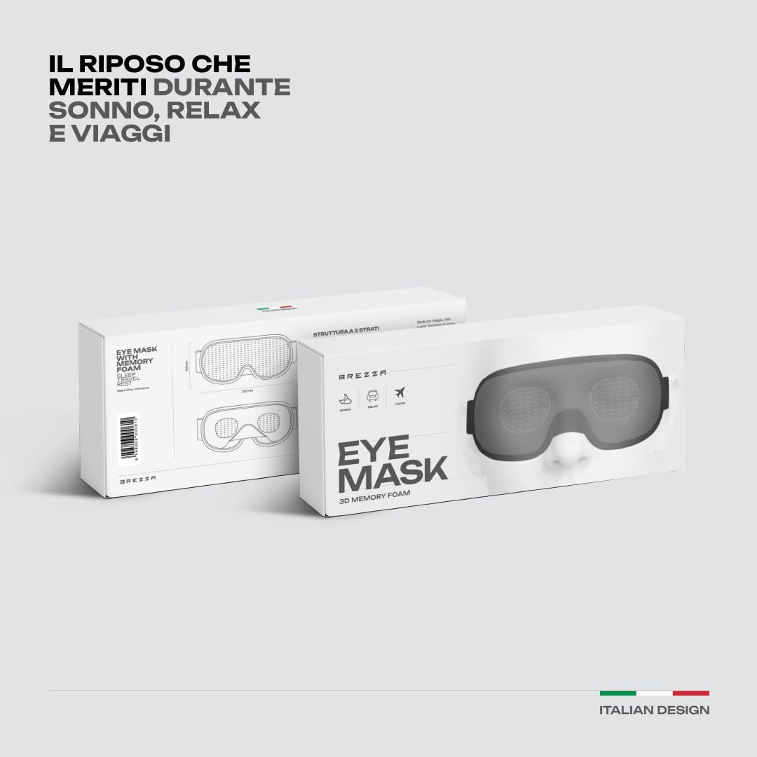 Brezza - Mascherina Occhi per Dormire - Senza Pressione sugli Occhi - Ergonomica - Blocco Totale della Luce - Morbida e Confortevole - per il Sonno, Viaggi, Aereo - Fascia Regolabile - in Memory