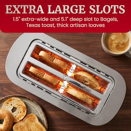 Image of Elite Gourmet ECT5500 4-Slice Long Slot Toaster, Fully Automatic Motorized, Stainless Steel Digital Touchscreen, Extra-Wide Slots, 6 Browning Levels, Bagel, Defrost & Reheat