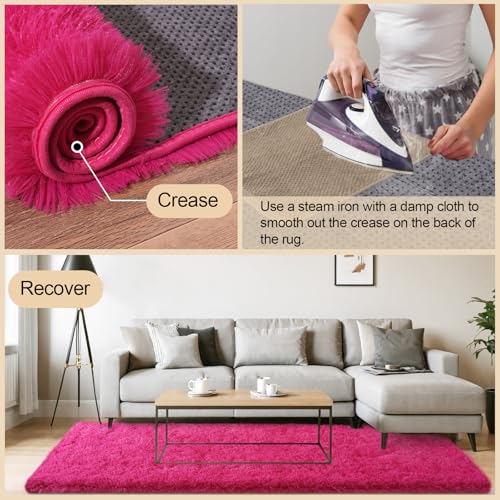 3x5 Rugs for Bedroom, Fluffy Area Rugs for Living Room, Soft Shag Kids Rug Small Carpet with 4 Non-Slip Rug Pads (Hot Pink, 3ft x 5ft)