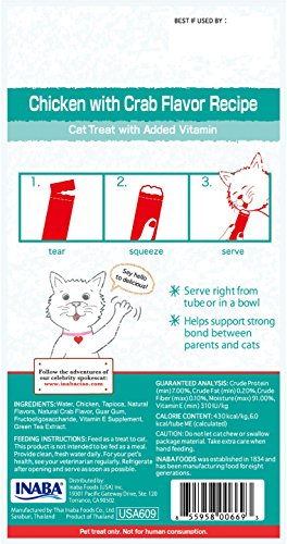 Image of INABA Churu Cat Treats, Grain-Free, Lickable, Squeezable Creamy Puree Cat Treat /Topper with Vitamin E & Taurine, 0.5 Ounces Each Tube, 4 Tubes, Chicken with Crab Recipe (Pack of 2)