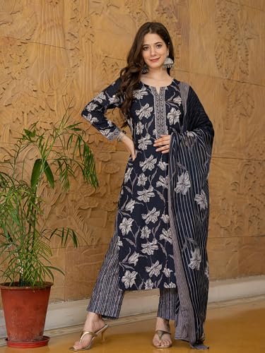 Image of Vaamsi Women's Rayon Blend Floral Straight Printed Kurta Pant With Dupatta Set