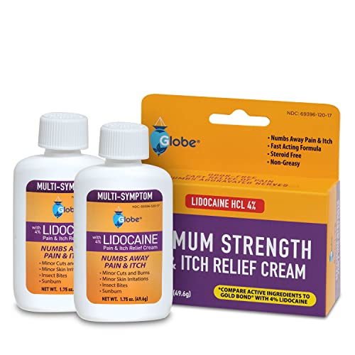 Globe (2 Pack Lidocaine 4% Multi-Symptom Relief Cream 1.75 oz Numbs Away Pain & Itch Steroid Free Non-Greasy Formula (Compare to Gold Bond w/Lidocaine)