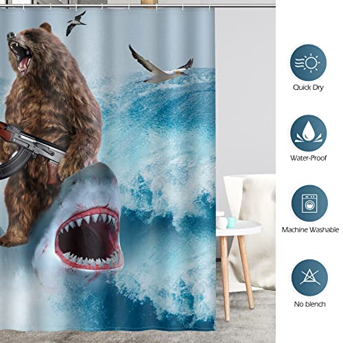 Image of Funny Shark Bear Shower Curtain - Fun Bear Riding Shark in Ocean Wave Cool Shower Curtains Set with 12 Hooks for Adults Wild Bathroom Decor Accessories, 72 inchx72 inch, Blue Brown