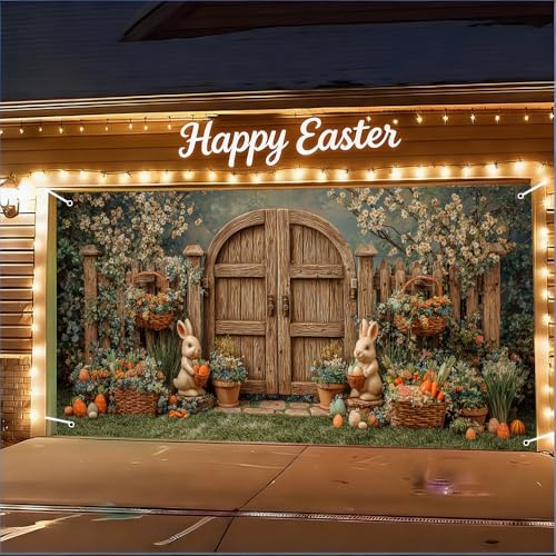 Image of Spring Garden Garage Door Cover 157x70 inch Bunny Floral Rustic Wood Door Farmhouse Outdoor Mural Banner Easter Decoration Home Decor