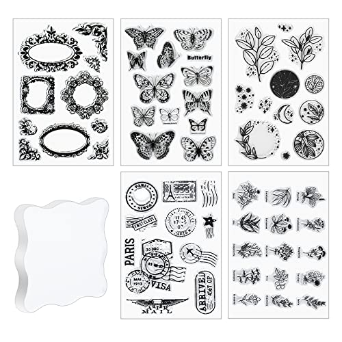 Gigmeta Silikonstempel Set, 5 Blätter Silikonstempel mit Acrylblock, Vintage Bordüren - Schmetterlinge - Fallende Blätter - Blumen - Stempel, Clearstamp Set für für DIY Journal Scrapbooking Fotoalbum