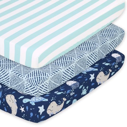 The Peanutshell 3-Pack Fitted Playard Sheets - Soft & Breathable Baby Boy or Girl Mini Crib Sheets, Pack N Play Mattress, Fits Standard Playard Pack Play Mattresses - Sealife