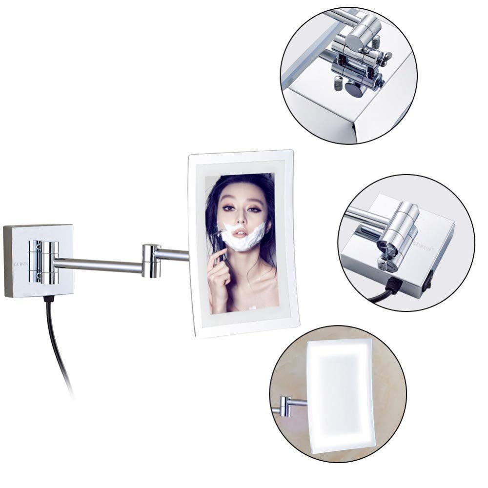 Specchi for Il Trucco, vanità a Parete in Ottone su Un Lato Illuminato 3X ingranditore da Barba Pieghevole con Interruttore Spina cromata