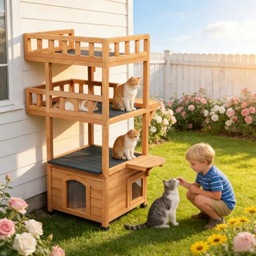 SHIYISHOPPIN Multi-Tier Outdoor Cat Tree Tower Weatherproof with Enclosed Condo & Jumping Platforms Wooden Cat House Feral Cat Shelter for Multiple Cats Removable Floors & Escape Doors