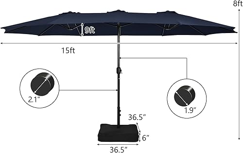 Miniatura 4 de Tangkula Sombrilla de patio de doble cara de 15 pies con base, sombrilla de mercado extragrande con sistema de manivela, sombrilla doble para