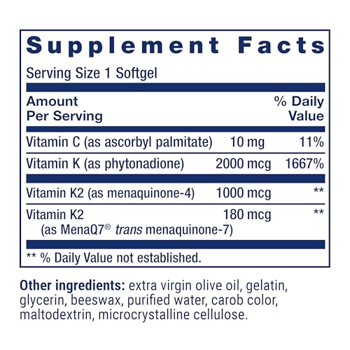 life extension super k vitamin k1 vitamin k2 mk-7 vitamin k2 mk-4 heart health arterial health calcium balance 3-month supply gluten-free 1 daily non-gmo 90 softgels