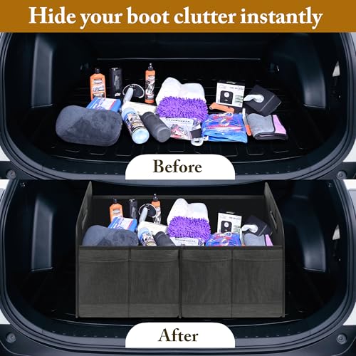 Image of Automaze Oxford Trunk Organisers For Cars & SUV's, Foldable 2 Compartment Automotive Storage Box With 10 Pockets, Anti-Slip Velcro, Portable Boot Organiser, Black