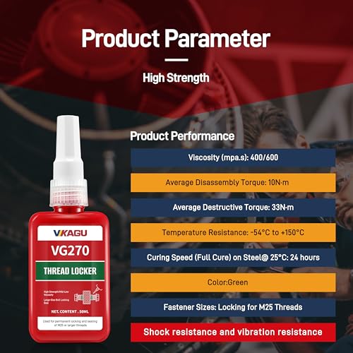 Image of 270 Green High Strength Threadlocker - Fills Gaps for Worn Threads Adhesive - Glue Resists Heat, Oil & Chemicals-Industrial Grade for Metal Bolts, Nuts & Screws - Medium Viscosity Glue- 1.69Oz /50ml