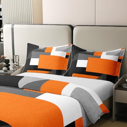 Orange and Black Duvet Cover 100% Cotton Geometry Bedding Set for Kids Boys Girls Teens Room Decor Geometric Square Comforter Cover Set Double Size Abstract Art Bedspread Cover 3Pcs Zipper - Image 4