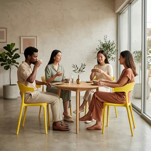 Image of Adhunika Furnitures Yellow Cafe Chair Set of 4 | 3 Year Warranty | 120KG Capacity | Full PP Plastic Stackable Chair | Dining Balcony Garden Cafe Restaurant Indoor Outdoor (Yellow, Set of 4)