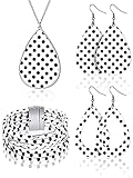 Yaomiao 4 Pieces Women's Jewelry Set Polka Dot Pattern Necklace Multi-Layer Bracelet and PU Leather Dangle Earrings (White)