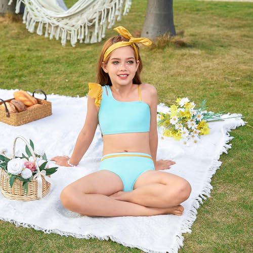Image of Perfashion Girls Swimsuit Bikini Set Two Piece Bathing Suit Metallic Ruffled One Shoulder Swimwear with Hairband 4-13Y